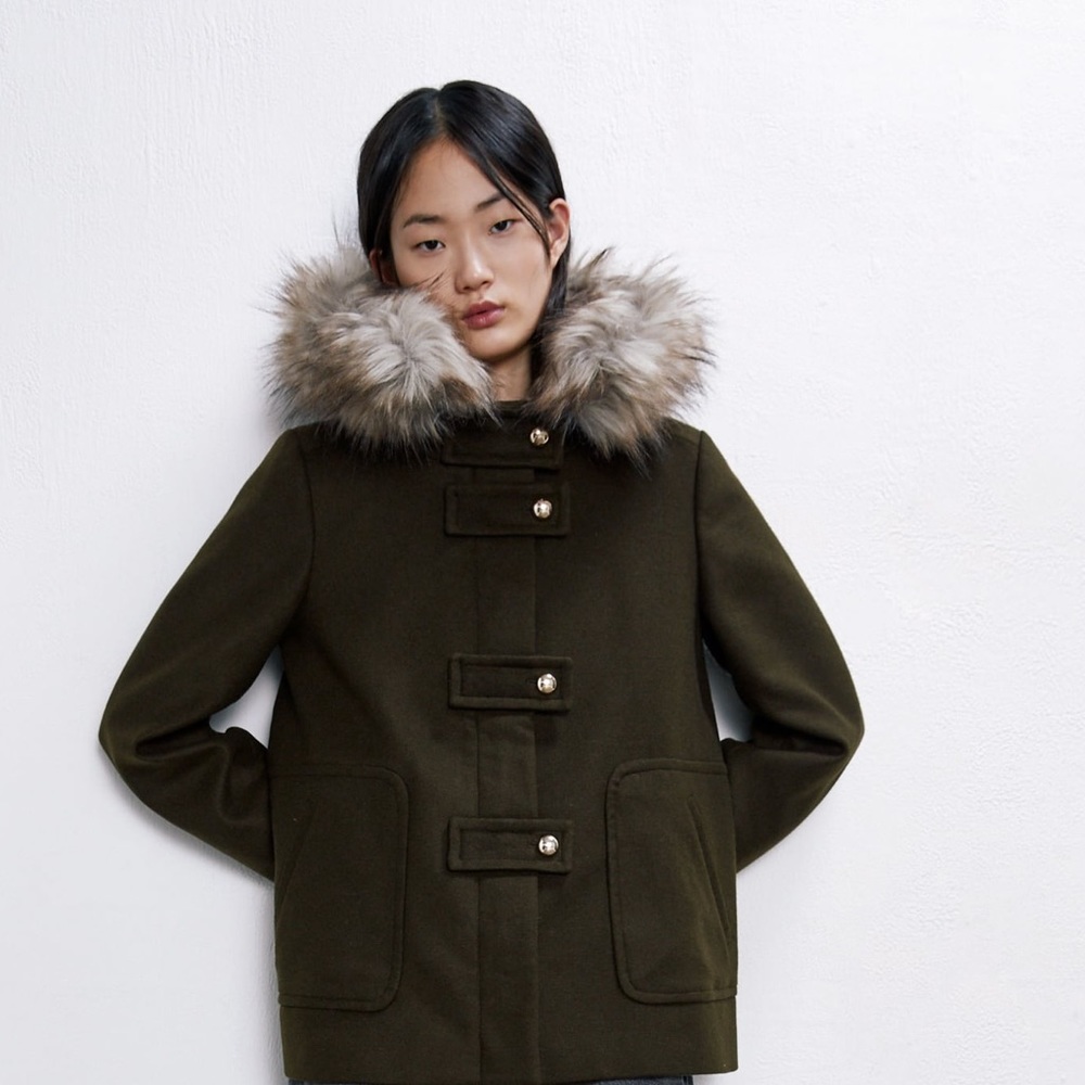Zara Faux Fur Wool Pea Coat in Deep Green